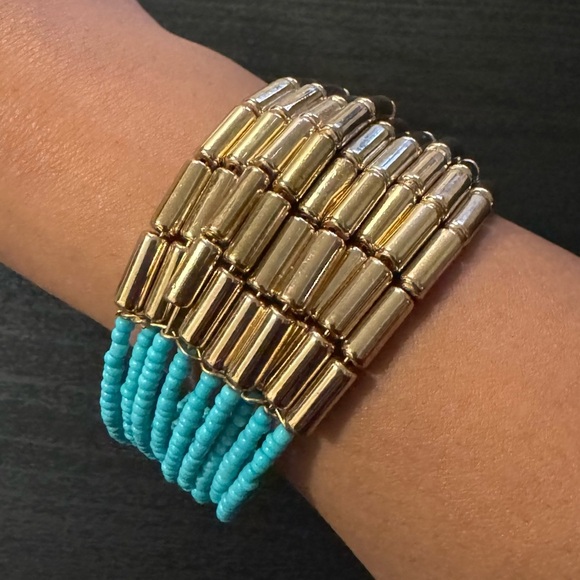 🧜🏼‍♀️ ⚜️3 for $30⚜️ Mermaidcore Blue Gold Beaded Cuff Bracelet Adjustable - Picture 3 of 10